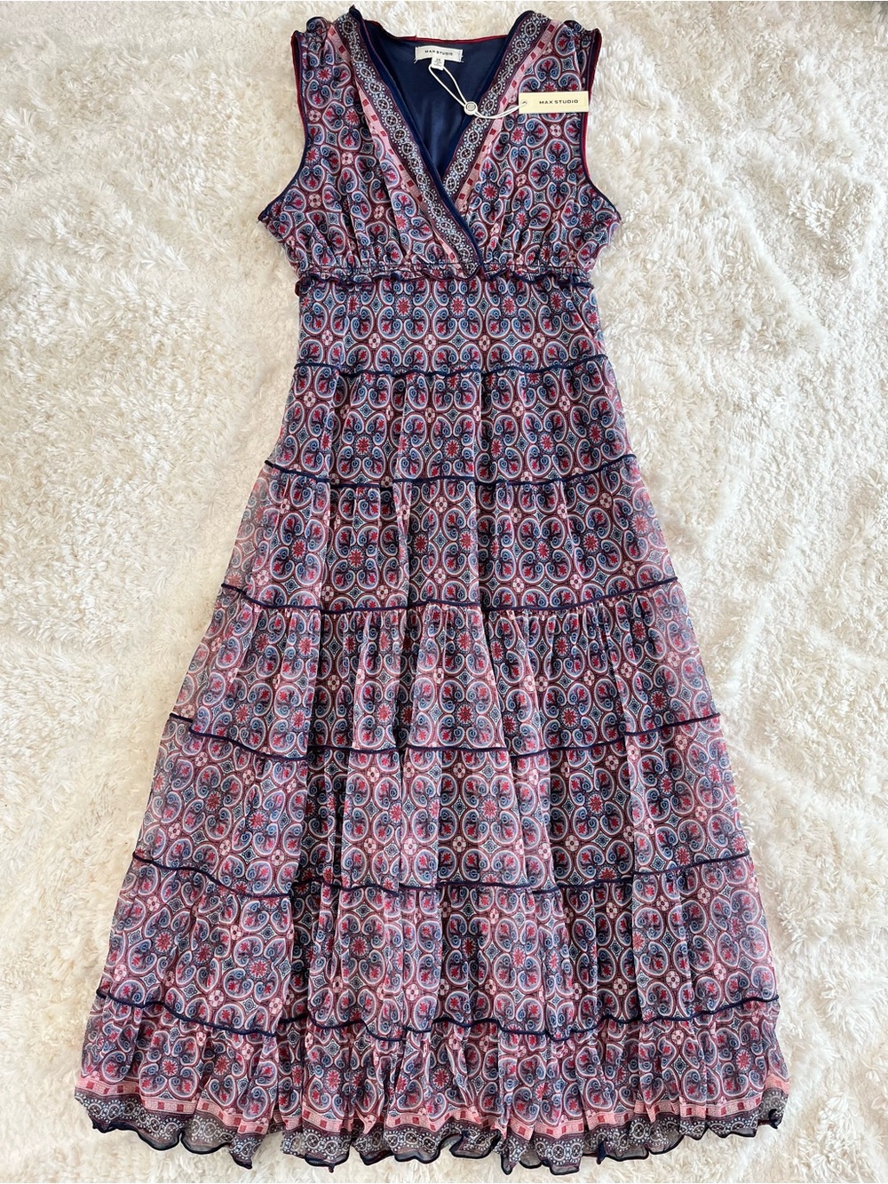 Max Studio Pink, Blue and Navy Sleeveless Tiered Midi Dress Size XS